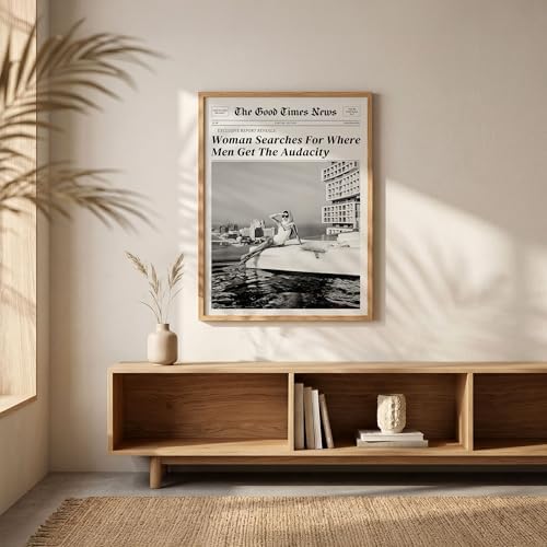 Black and White Newspapers Wall Art 20X30 in Wood Grain Frame Women Searches - Image 2