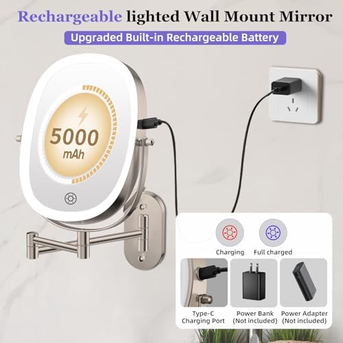 FUNTOUCH 5000mAh Rechargeable Wall Mounted Lighted Makeup Mirror - Image 2