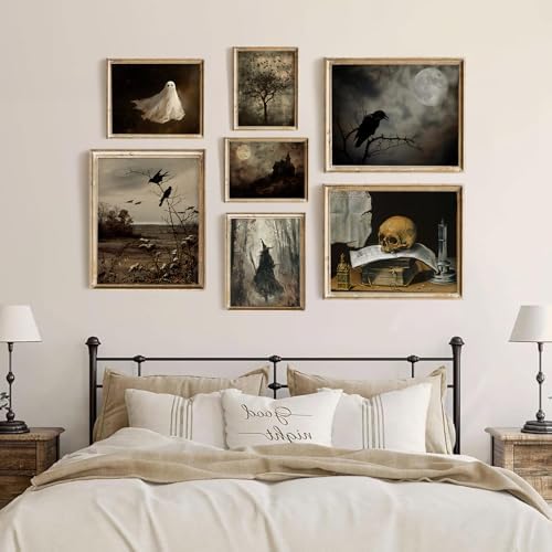 uniro 7Pcs Halloween Dark Retro Wall Art Prints, Gothic Aesthetic Paper Posters - Image 6