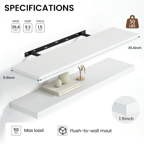 Heimlove Floating Shelves 39.4" W x 9.3" D White Set of 2 - Image 3