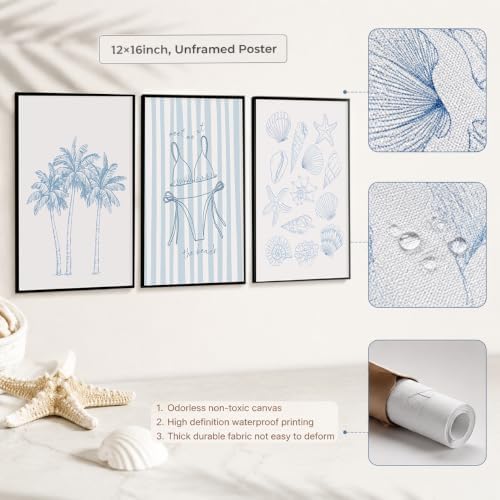 3Pcs Blue Coastal Unframed Canvas Wall Art, Preppy Beach Summer Decor - Image 3