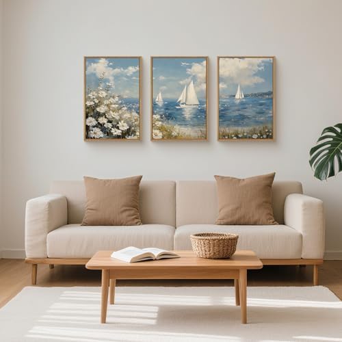 FWIEXA Beach Coastal Wildflower Canvas Wall Art Framed, Ocean Sailboats - Image 5