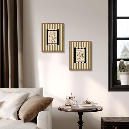 Framed Vintage Botanical Wall Art Set of 2, Olive Green Striped Floral Line - Image 6