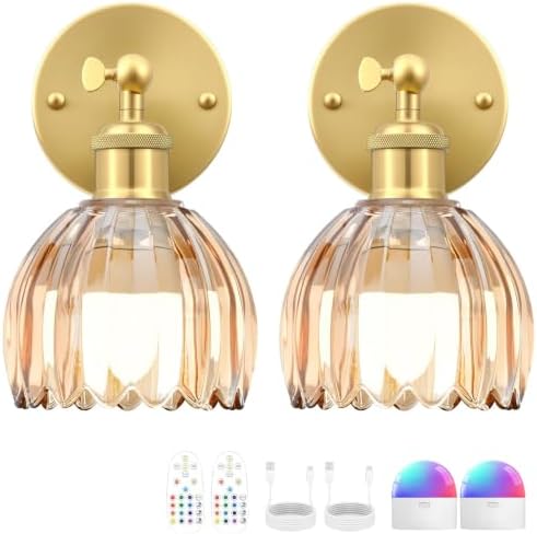 Vintage Battery Operated Wall Sconce, Amber Tulip Glass Lampshade Wireless by RIDALUX