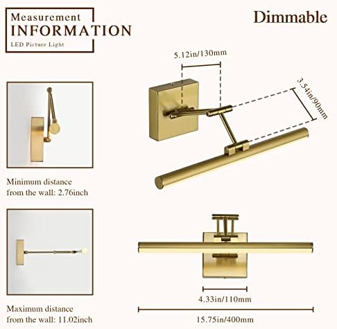 Hard-Wired Picture Lights for Wall Dimmable Brass Gallery Light 15.5 Inch - Image 6