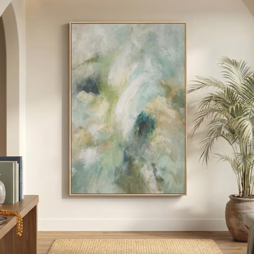 Extra Large Framed Teal Sage Green Abstract Wall Art, Vertical 40x60 In by Cuspin