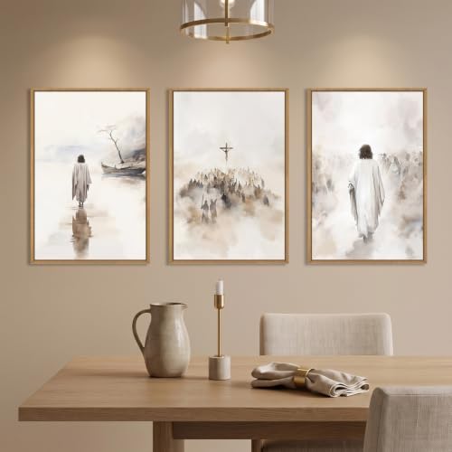 Jesus Christ Walking On Water Scenes Framed Canvas Wall Art Set-16"x24"x3 - Image 3