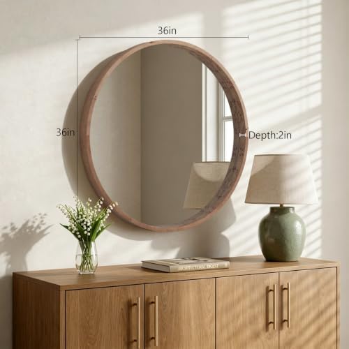 WallBeyond 28 Inch Round Wood Mirror, Burlwood Grain Wood Frame Circle Mirror - Image 5