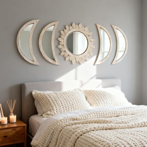 5 Pieces Moon Phase Mirror Wall-Mounted Wall Decor Mirrors Natural Wooden by CPCDACSK