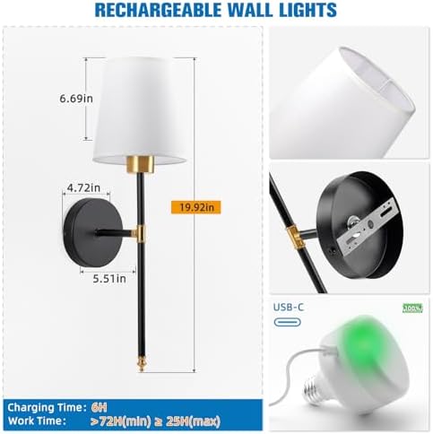 NIORSUN 19.9 inch Battery Operated Wall Sconce Set of 2, Wireless Sconces - Image 6