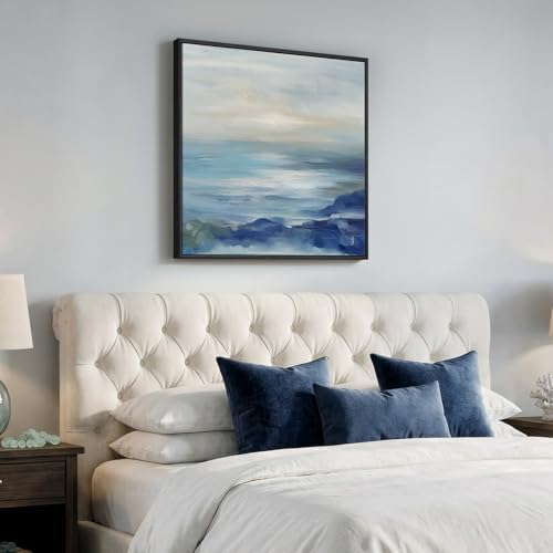Framed Blue Abstract Wall Art Decor, Square Coastal Canvas Print, 24x24 In - Image 2