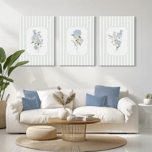 Blue Hydrangea Wall Art Floral Canvas Prints Sage Green Striped Wall Decor - Image 3