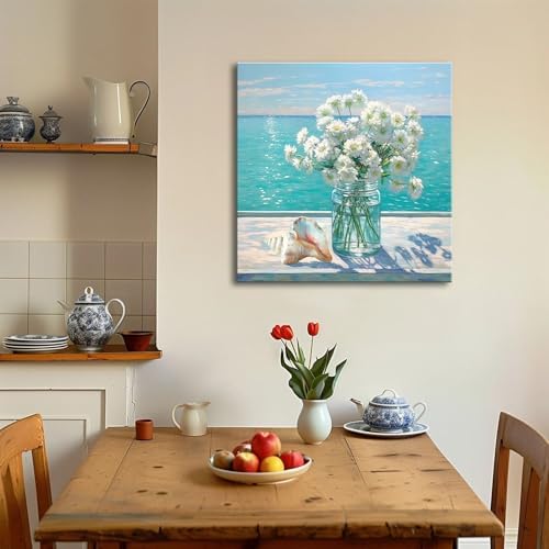 Ocean Flower Bathroom Decor Daisy Floral Canvas Wall Art Coastal Nautical - Image 2