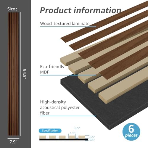 Art3d 6-Pack Soundproof Wood Slat Wall Panel, 94.5 x 7.9 Inch, Deep Walnut - Image 4