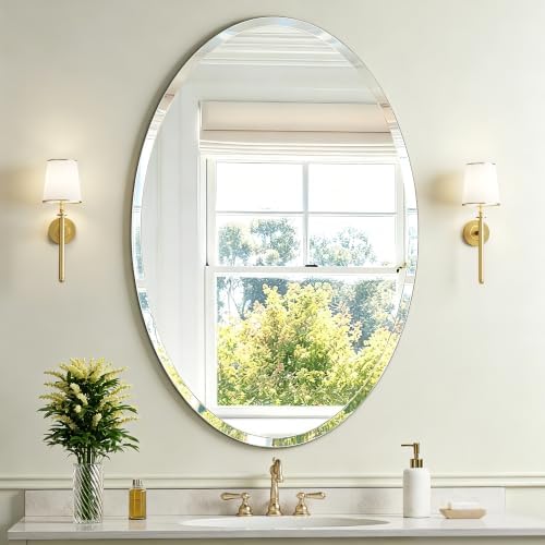 36" x 24" Silver Beveled Edge Frameless Oval Wall Mirror by GOAND