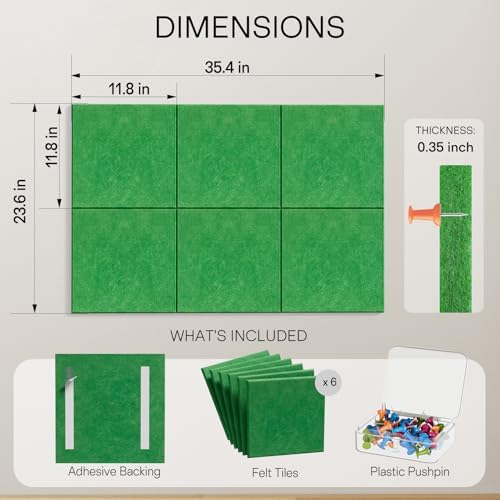 MaxGear Felt Bulletin Board 36" x 24", 6 Pack Emerald Green Felt Wall Tiles - Image 3