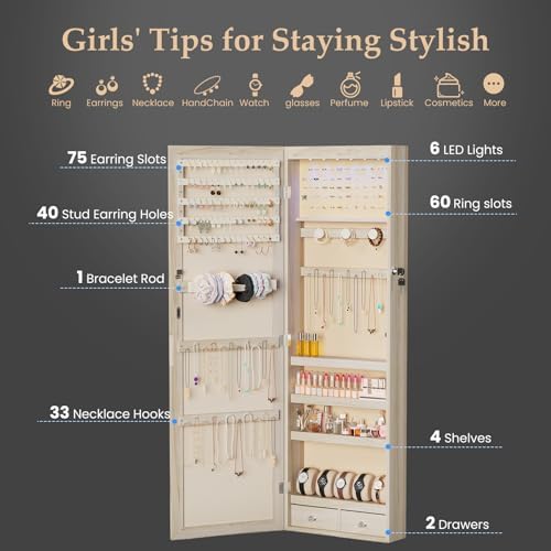 DUMOS 6 LEDs Mirror Jewelry Organizer Cabinet, Jewelry Armoire, 47.2 Inch - Image 3