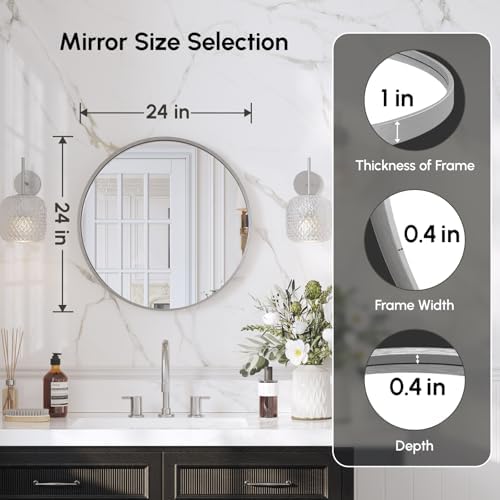 USHOWER 24 Inch Brushed Nickel Round Bathroom Mirror - Image 4