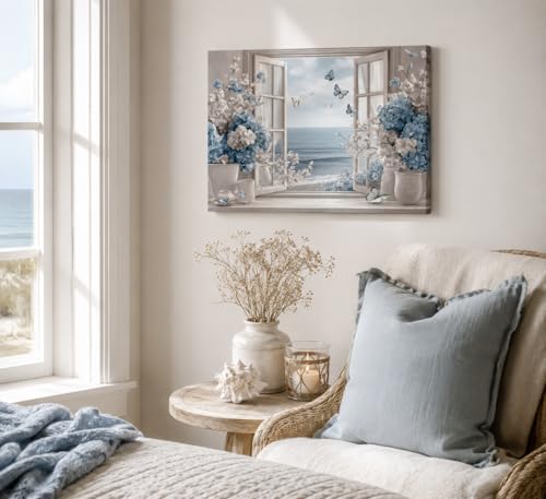Birnsen Coastal Bathroom Flower Canvas Wall Art Blue Hydrangea Fake Window - Image 3