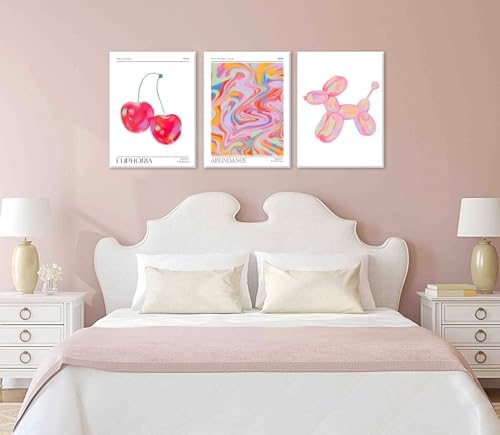 Framed Pink Preppy Wall Art Set of 3 Trendy Cute Balloon Dog Cherry Posters - Image 5