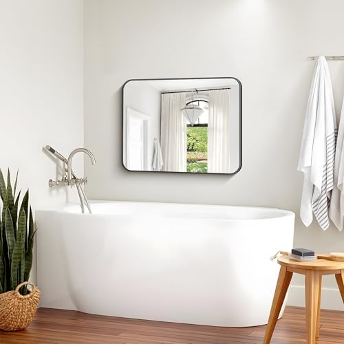 Bathroom Mirror, 30 x 24 inch Metal Framed Black Rectangle Mirror, Rounded - Image 5
