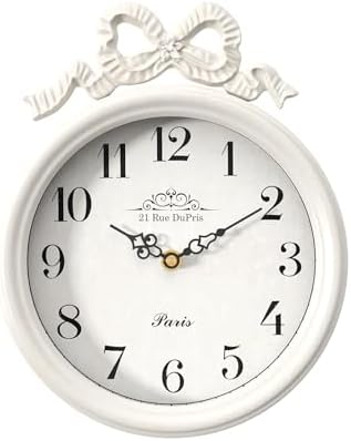 French Small Wall Clock with Bow, Vintage Ivory White Boho Style by ChimeTide