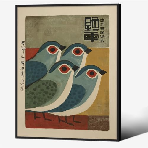 Japanese Mid Century Blue Bird Black Framed Posters Prints Vintage Animal Wall by Unknown