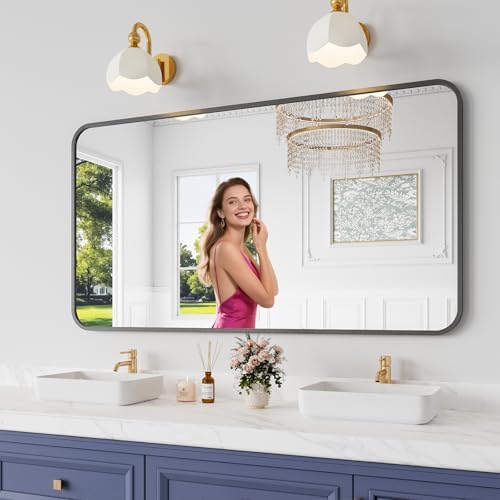 Koonmi Bathroom Mirror, 30X55 Inch Black Metal Framed Mirror by KOONMI