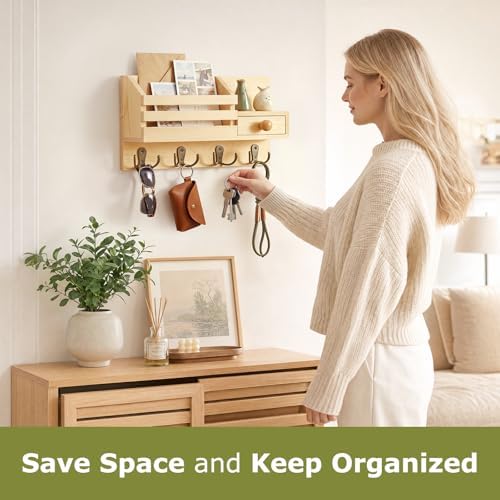 Key Holder Wall Mount, Wooden Key and Mail Organizer - Image 2