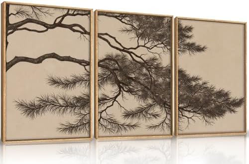 LHIUEM Large Vintage Pine Tree Branch Framed Canvas Wall Art, Sketch Botanical by LHIUEM