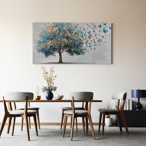 YISXINOAG Blue Gold Tree of Life Wall Art Butterfly Landscape Print 20"X40" - Image 2