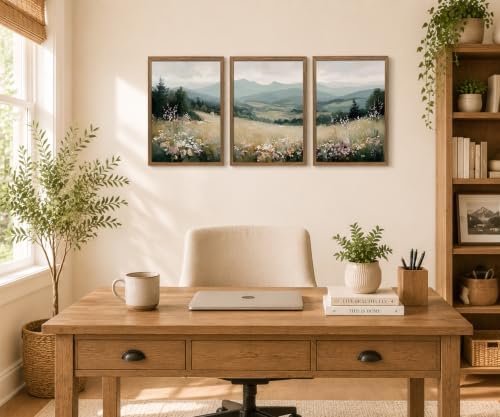 Minimalist Mountain Triptych Wall Art Set of 3, Foggy Wildflower Canvas - Image 7