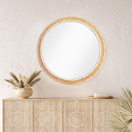 21 Inch Boho Round Hanging Wall Mirror Decorative Rattan Circle Wall Mounted - Image 5