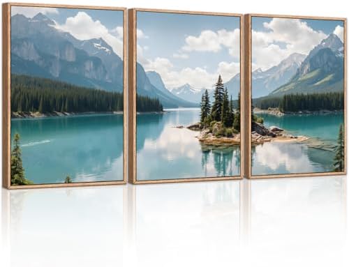 HLNIUC Lake Mountain Landscape Framed Canvas Wall Art, Large Pine Tree Forest by HLNIUC