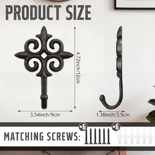 Hicarer 6 Sets Rustic Cast Iron Wall Hooks Decorative Antique Towel Hooks - Image 2
