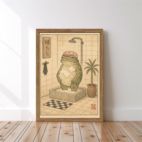 Framed Vintage Frog Bathroom Wall Art, Funny Cute Green Frog in Bubble Bath - Image 2