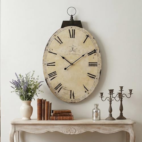 29 Inch Vintage Yellow Oval Wall Clock, Silent Non-Ticking Quartz Battery by MACVAD