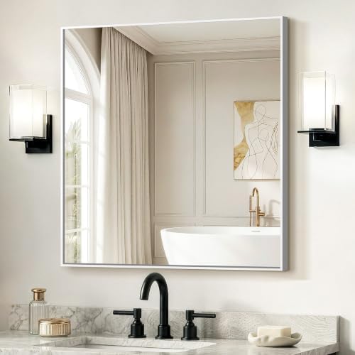 Delma Bathroom Vanity Mirror, 30x30 Silver Metal Framed Mirror by Delma