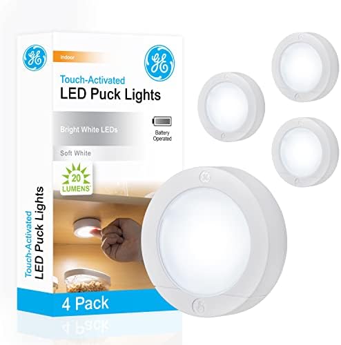 GE Battery Powered Puck Lights, Touch On/Off, 20 Lumens, 4 Pack by Unknown