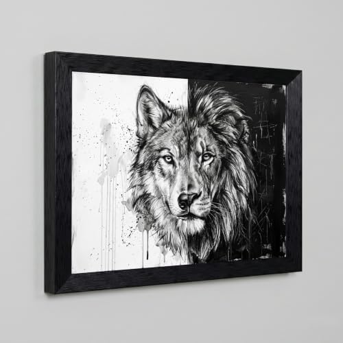 Framed Canvas Wall Art Mixed Media Wolf and Lion Split Face High Contrast - Image 5