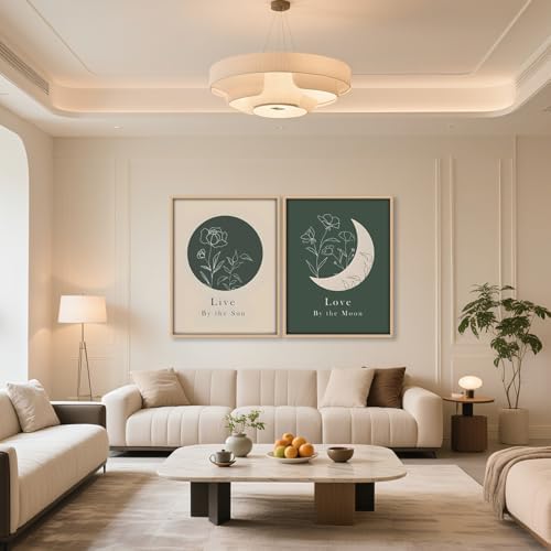 KBCXOY Sage Green Boho Sun and Moon Wall Art Bedroom Moon Phase Prints - Image 3