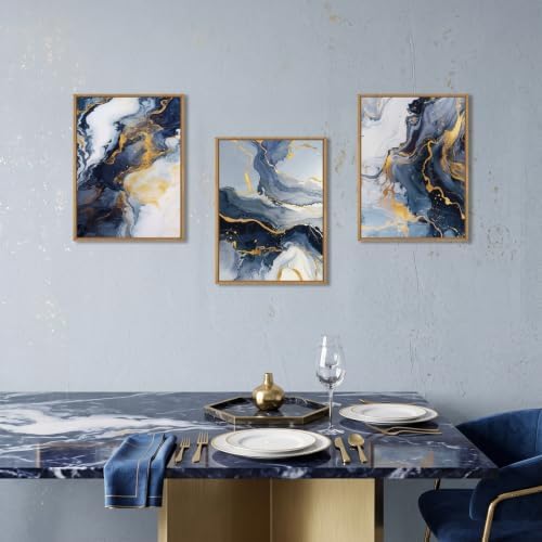 Abstract Navy Blue Framed Canvas Wall Art, Modern Gold Geometric Wall Decor - Image 3