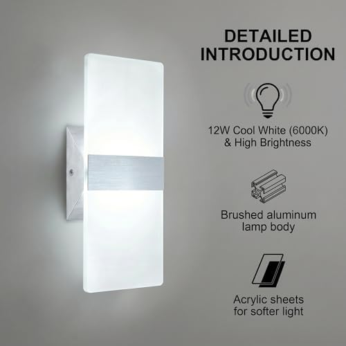 12W Modern LED Wall Sconces 2-Pack, 6000K Cool White - Image 3