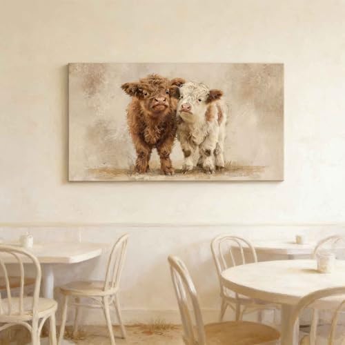 Highland Cow Calves Canvas Wall Art Large Retro Calf Decor Painting Picture - Image 5