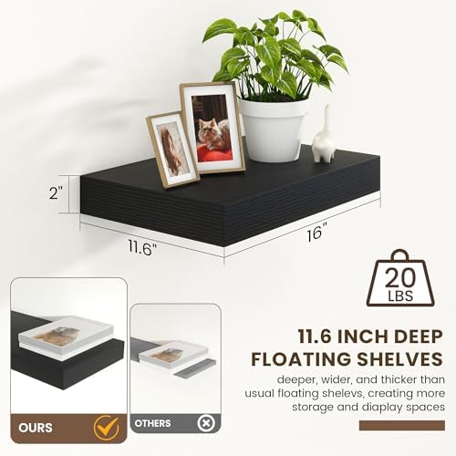 FLYJOE 12 Inch Deep Floating Shelves, 16 Inch Black Wall Shelves Set of 2 - Image 3
