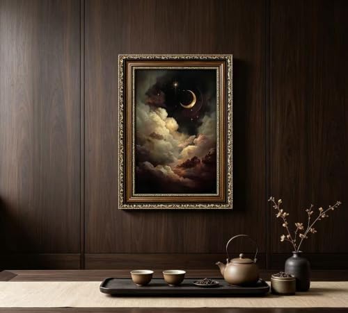 Vintage Gold Framed Crescent Moon Cloud Wall Art, Dark Academia Celestial - Image 4