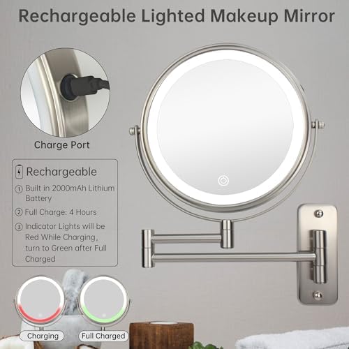 JANEEVA 8" Wall Mounted Lighted Makeup Mirror, Rechargeable Double Sided 1X/10X - Image 5