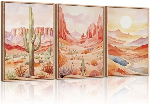 HLNIUC Boho Desert Plant Framed Canvas Wall Art Set, Southwestern Sun Mountain by HLNIUC