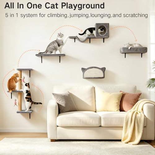 5-in-1 Cat Wall Shelves for Indoor Cats, Wall Mounted Cat Furniture Set - Image 2