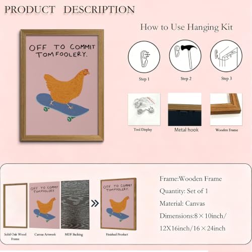 Framed Funny Animal Wall Art Whimsical Skateboard Chicken art Decor - Image 6